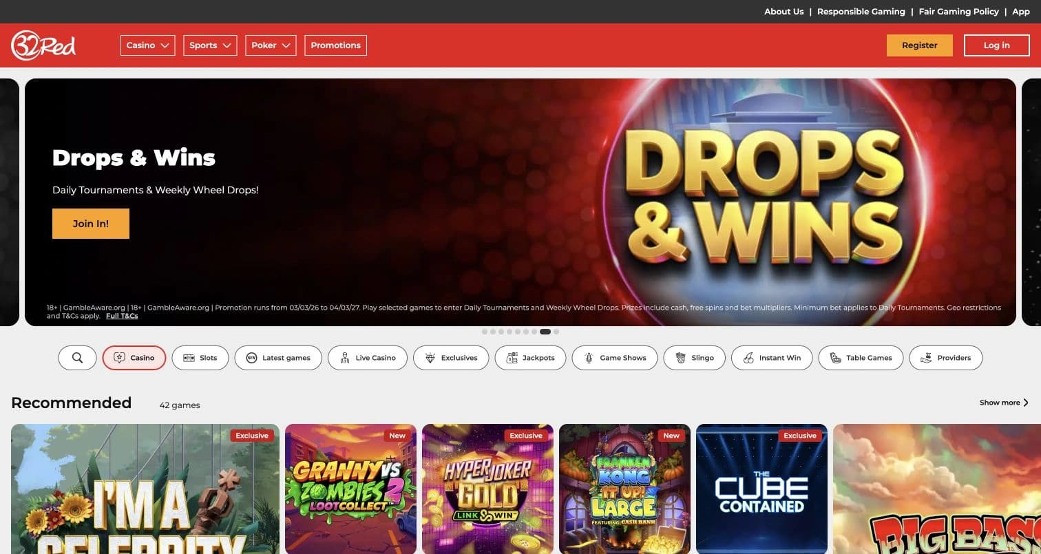 32Red casino homepage with the Drops & Wins banner, game categories and recommended slots