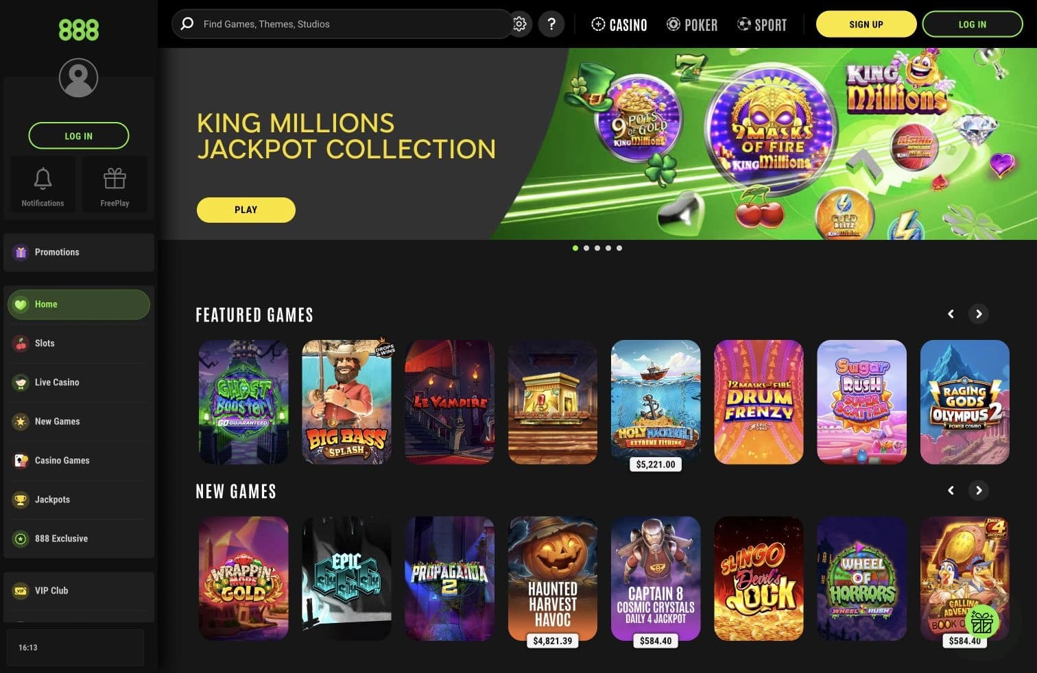 888casino homepage with the King Millions jackpot banner, game search and featured slots