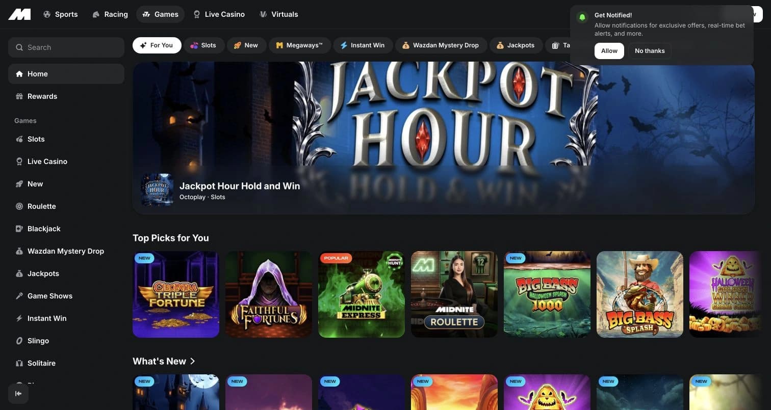 Midnite casino lobby with the Jackpot Hour banner, slot categories and live-game tiles