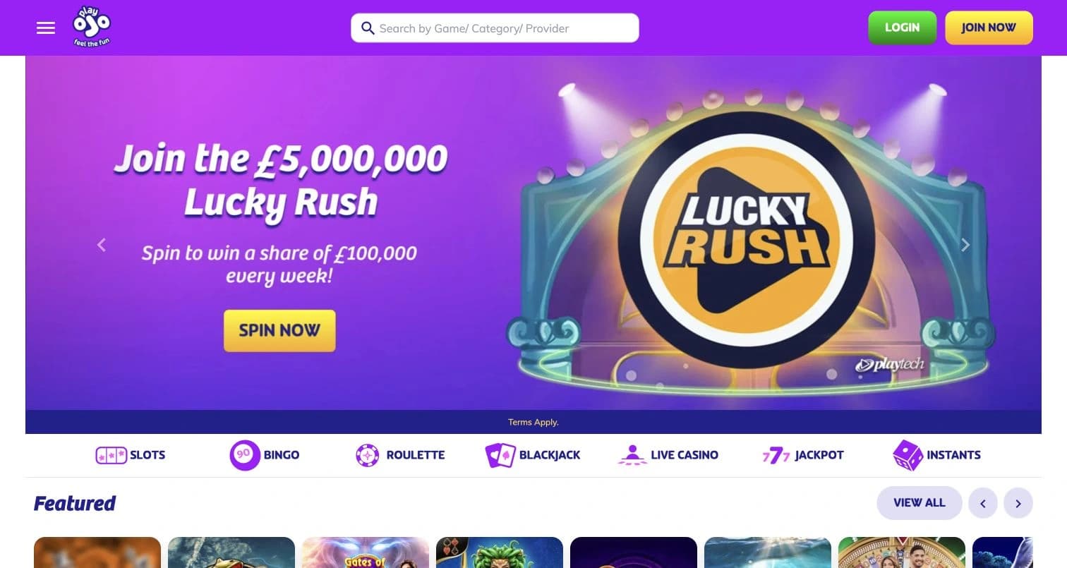 PlayOJO homepage with the Lucky Rush banner and links to slots, bingo and live casino